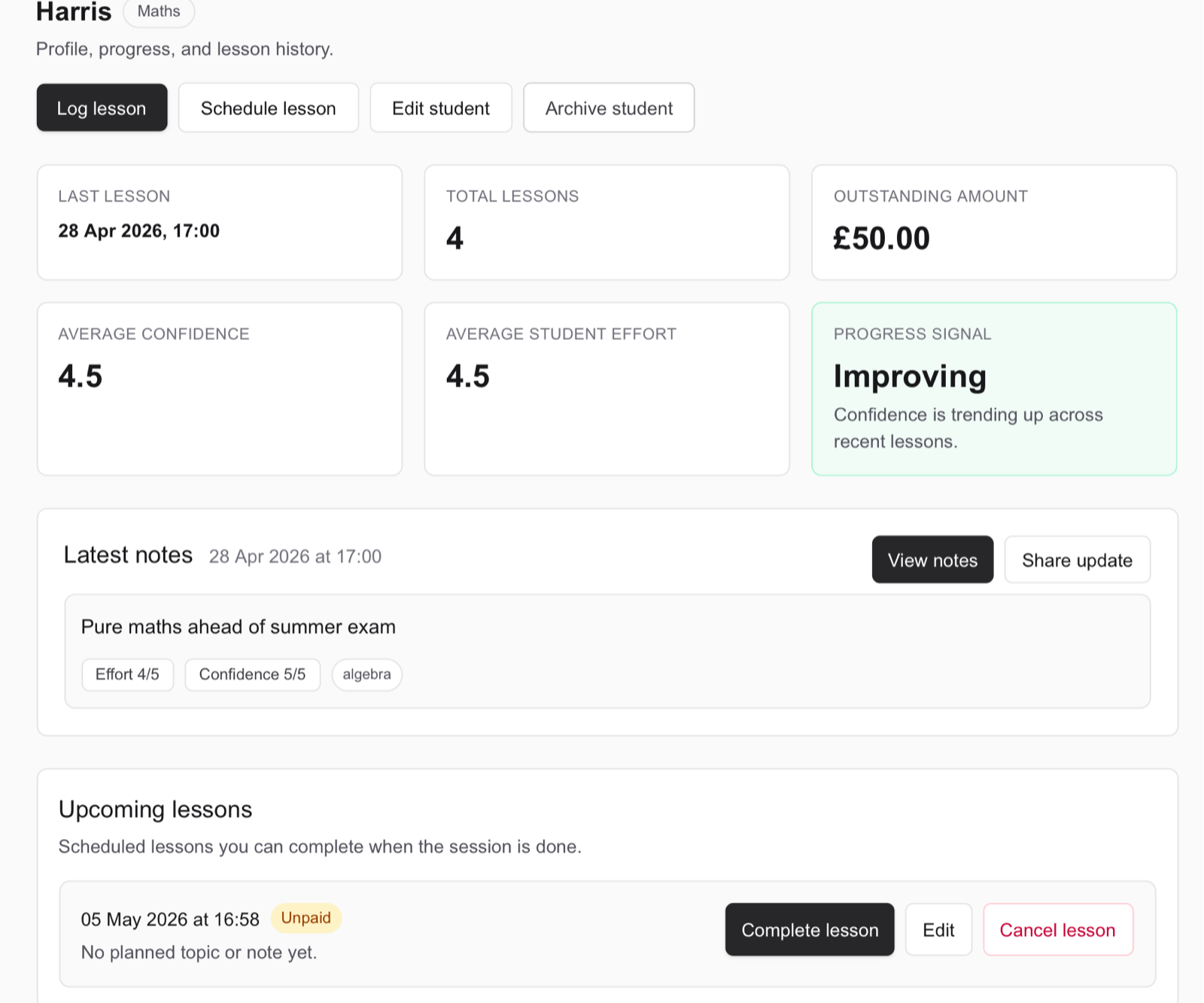 Tutor Flow student page showing lesson notes, progress, and upcoming lessons